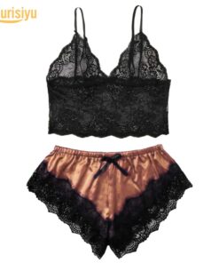 Women Sexy Lace See Through Sleepwear Set