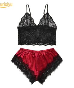 Women Sexy Lace See Through Sleepwear Set