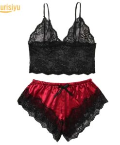 Women Sexy Lace See Through Sleepwear Set
