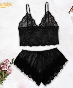 Women Sexy Lace See Through Sleepwear Set