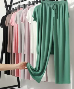 Soft Comfortable Ice Silk Short Sleeve T-Shirt Two Piece Set Loose Wide-leg Pants