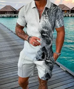 Men’s Water Green Color Printed Polo Suit