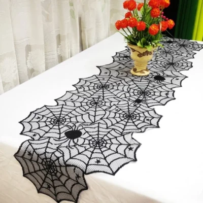 Black Lace Spiderweb Table Runner For Halloween