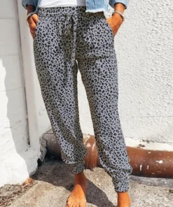 Women’s Leopard Print Drawstring Casual Trousers