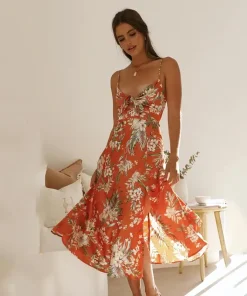 Satin Floral Split Midi Dress