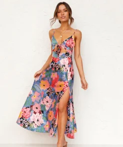 Satin Floral Split Midi Dress