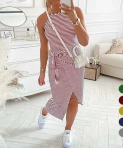 Casual Sleeveless Striped Midi Dresses