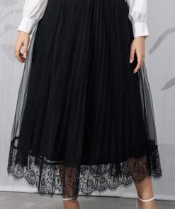 Plus Size Eyelash Lace High Waist Pleated Mesh Skirt