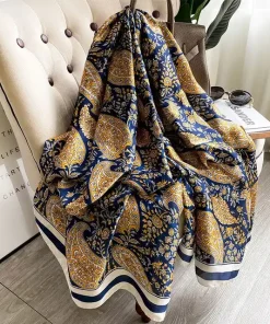 Blue Silk Scarf With Flowers For Women