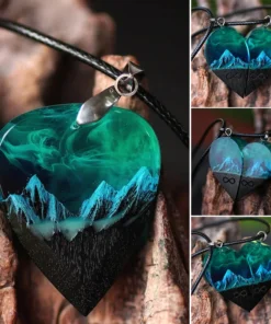Wood Resin Paired Heart Pendants Mountains
