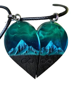 Wood Resin Paired Heart Pendants Mountains