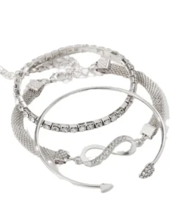 Vintage Set Silver Color Crystal Rhinestone Heart Bracelets for Women Fashion Geometric Adjustable Infinity Cuff Bangle Jewelry