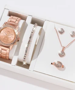 6PCS Set Luxury Watch Women Ring Necklace Earrings Rhinestone Fashion Wristwatch Female Casual Ladies Watches Bracelet Set Clock