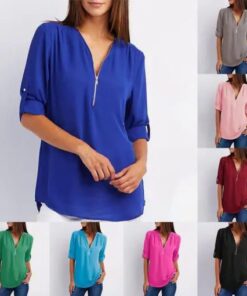 V Neck Zipper Patchwork Plain Blouses